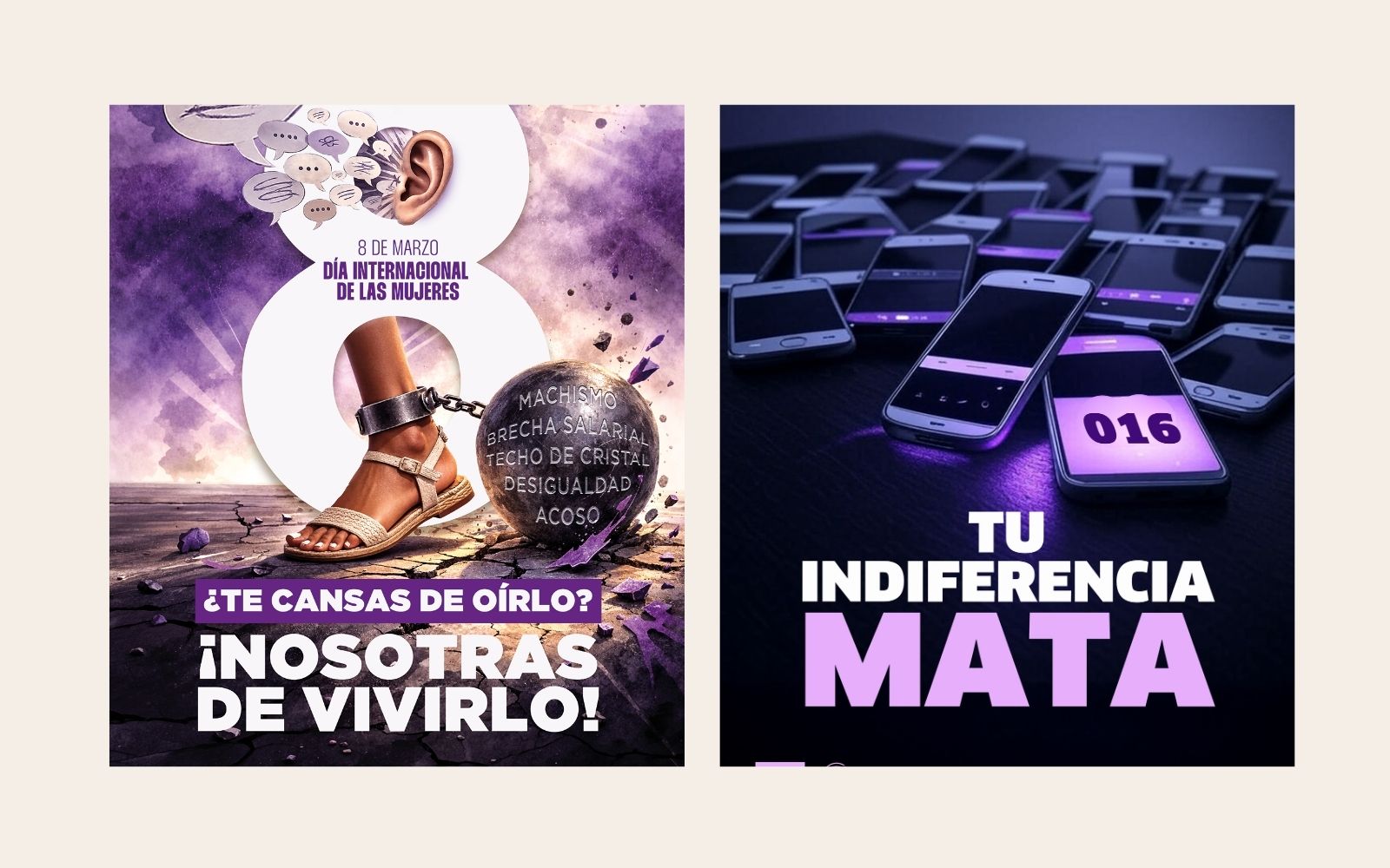 Mosaico de carteles de campañas de igualdad del Ayuntamiento de Adeje: 8M ¿Te cansas de oírlo? Nosotras de vivirlo y 25N Tu indiferencia mata