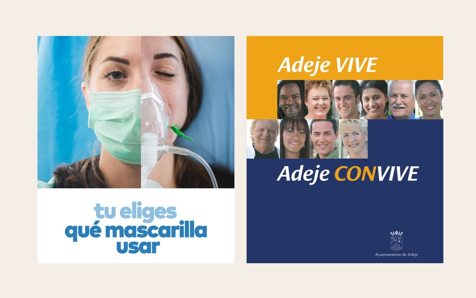 Mosaico de carteles de campañas institucionales del Ayuntamiento de Adeje: Respeto sobre Ruedas y Adeje Vive Adeje Convive