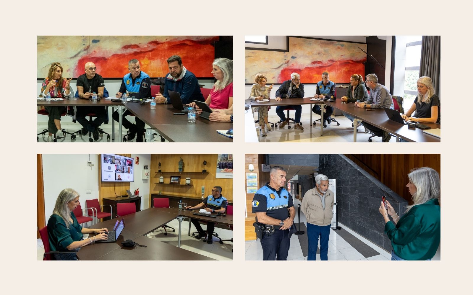 Mosaico de cuatro fotografías de gestión de comunicación de crisis: reunión amplia del CECOPAL, coordinación interservicios, trabajo operativo individual con portátil durante una activación, y conversación con agentes en terreno