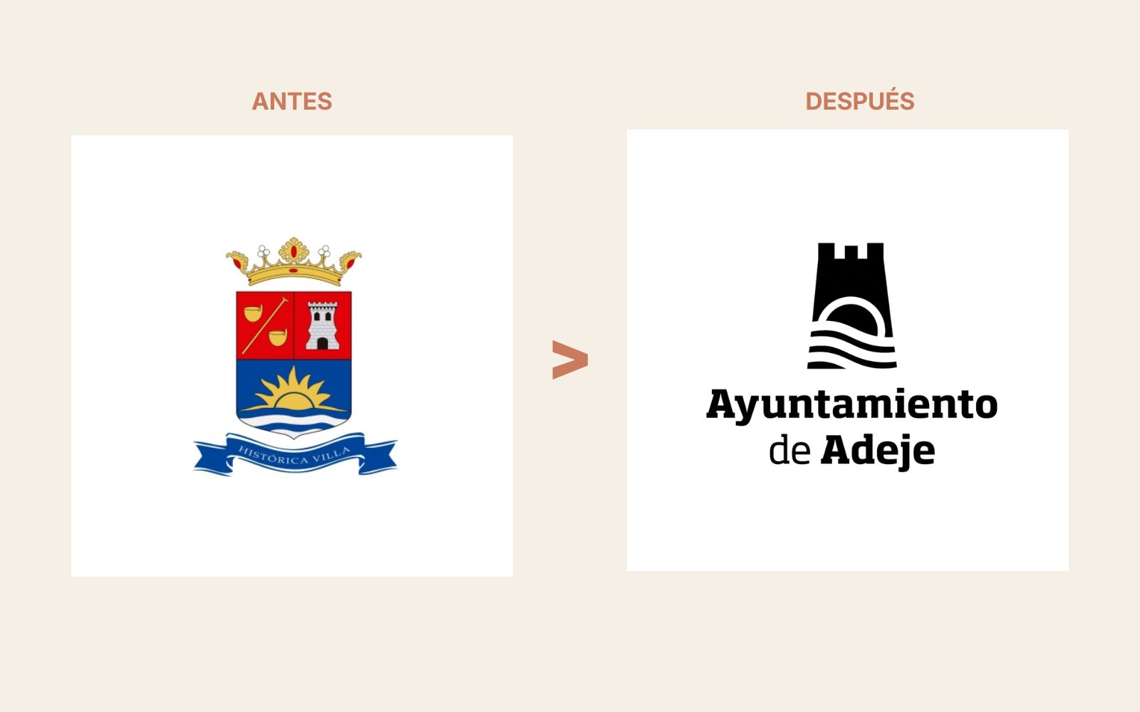 Composición antes y después del rebranding del Ayuntamiento de Adeje: a la izquierda, escudo heráldico tradicional con corona y lazo 'Histórica Villa'; a la derecha, logotipo de 2011 en blanco y negro con torre, sol y mar y texto 'Ayuntamiento de Adeje'