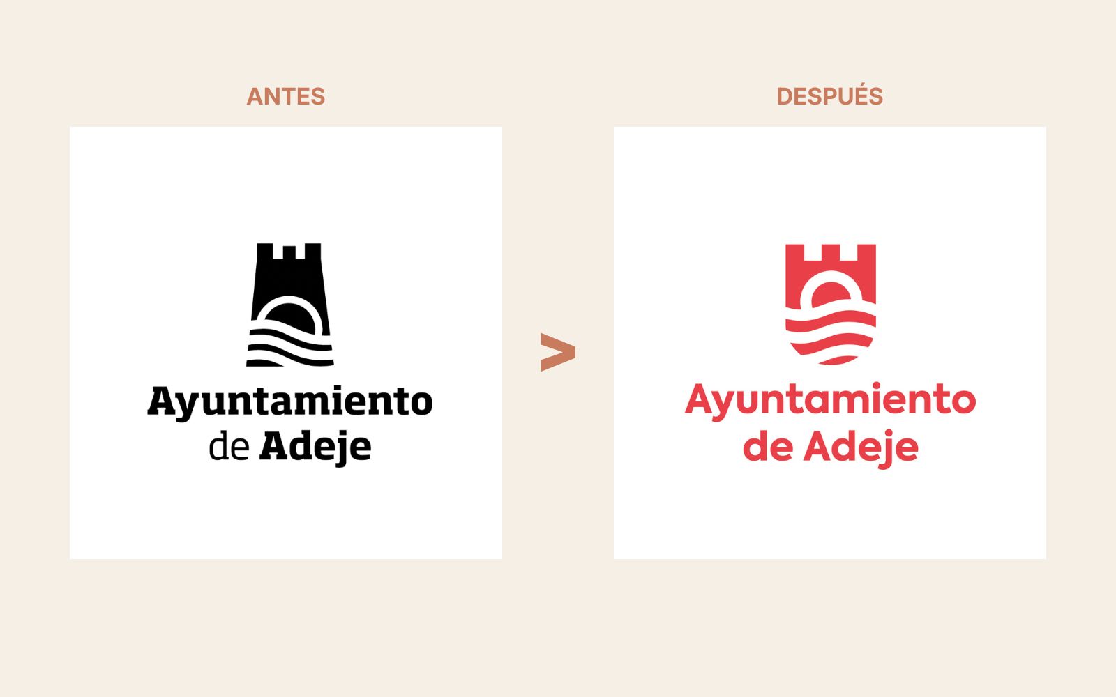 Composición antes y después del segundo rebranding del Ayuntamiento de Adeje: a la izquierda, el logotipo de 2011 en blanco y negro; a la derecha, el nuevo logotipo de 2025 con torre, olas y texto en rojo sobre fondo claro